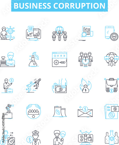 Business corruption vector line icons set. Bribery, Fraud, Embezzlement, Extortion, Collusion, Rigging, Monopoly illustration outline concept symbols and signs