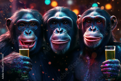 3 fröhliche Affen mit Drinks und Konfetti  in Partystimmung. Generative Ai.
 photo