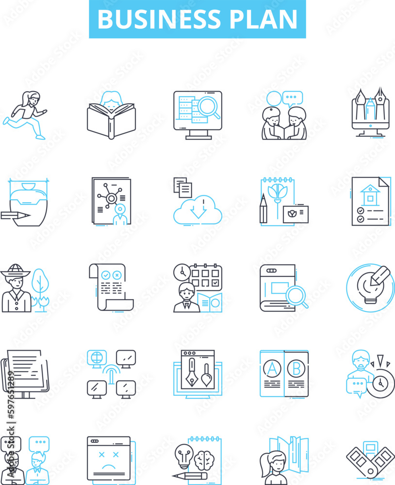 Business plan vector line icons set. Business, Plan, Strategy, Financing, Proposal, Start-up, Objectives illustration outline concept symbols and signs Business plan vector line icons set. Business, Plan, Strategy, Financing, Proposal, Start-up, Objectives illustration outline concept symbols and signs