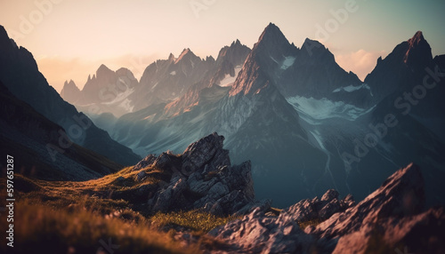 Majestic mountain peak tranquil meadow panoramic landscape generated by AI