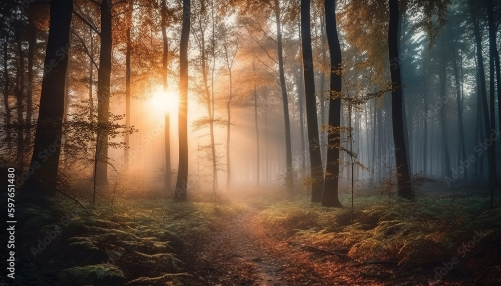 Autumn sunlight illuminates mysterious forest fantasy scene generated by AI