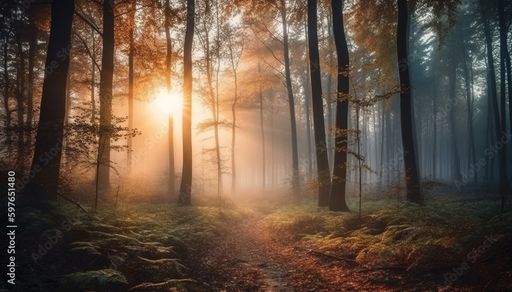 Autumn sunlight illuminates mysterious forest fantasy scene generated by AI Autumn sunlight illuminates mysterious forest fantasy scene generated by AI