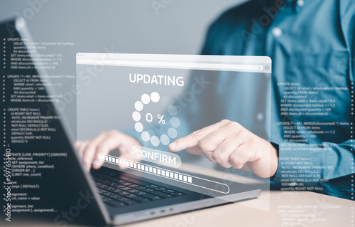 Update software application and hardware upgrade technology concept, Firmware or Operating System update, Man using computer with comfirm button and percent progress bar screen Fototapeta