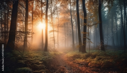 Autumn sunlight illuminates mysterious forest fantasy scene generated by AI © Jeronimo Ramos
