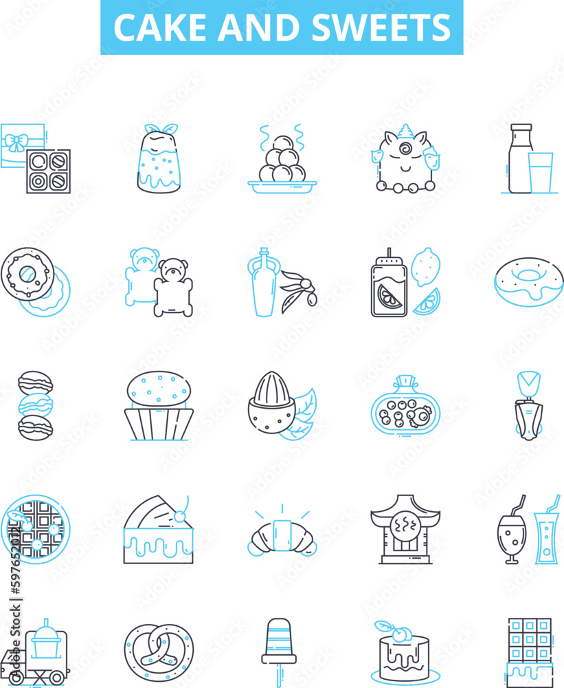 Cake and sweets vector line icons set. Cake, Sweets, Pastry, Dessert, Doughnut, Cupcake, Tart illustration outline concept symbols and signs Cake and sweets vector line icons set. Cake, Sweets, Pastry, Dessert, Doughnut, Cupcake, Tart illustration outline concept symbols and signs