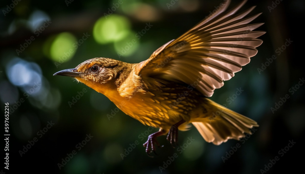 Fototapeta premium Small bird perching on branch spread wings generated by AI