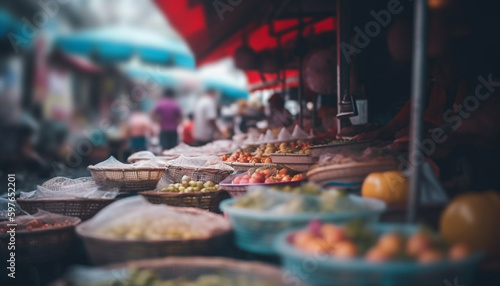 Street vendors selling fresh seafood and vegetables generated by AI