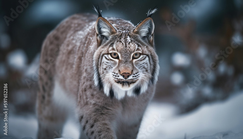 Bobcat staring teeth bared in snowy forest generated by AI