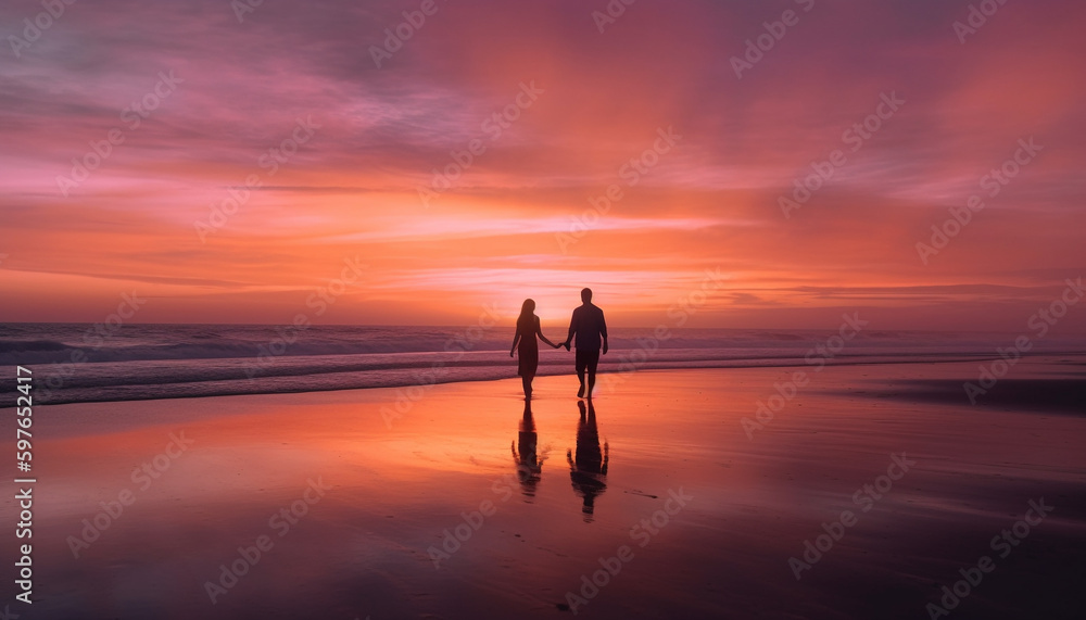 Silhouette of couple holding hands at sunset generated by AI