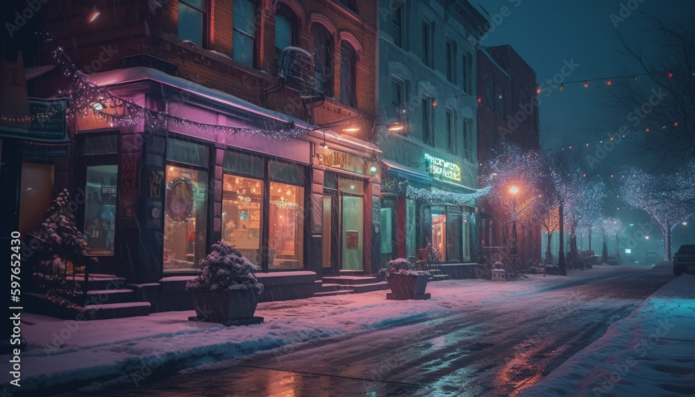 Winter night illuminated cityscape snow covered sidewalks generated by AI