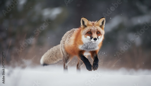 Cute red fox in snow alert and looking generated by AI