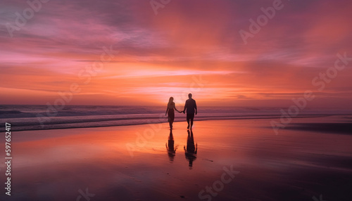 Silhouette of couple holding hands at sunset generated by AI
