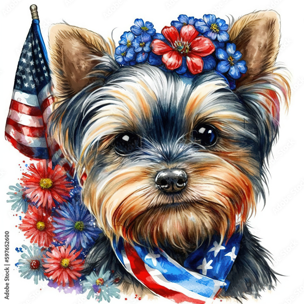 Yorkshire Terrier Bloom, A Happy Pup with American Flag Style, Isolated on White Background - Generative AI