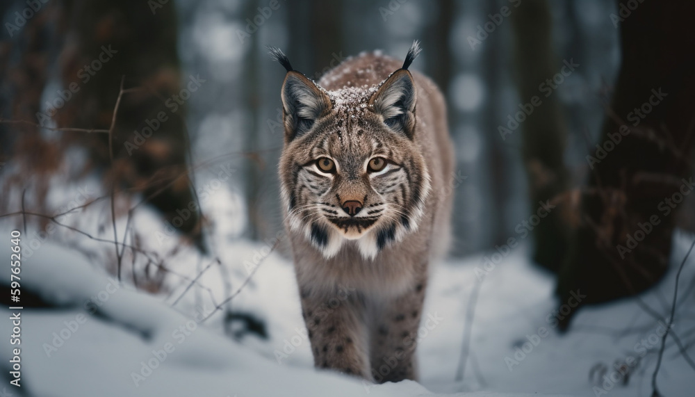 Fototapeta premium Large wildcat staring spotted fur in snow generated by AI