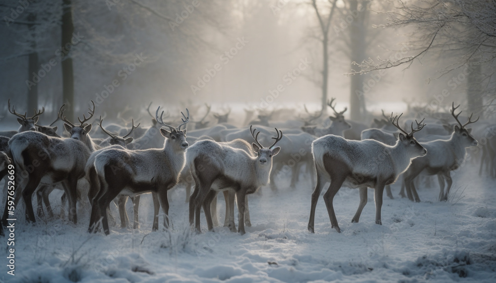 Herd of horned deer standing in snow generated by AI Herd of horned deer standing in snow generated by AI