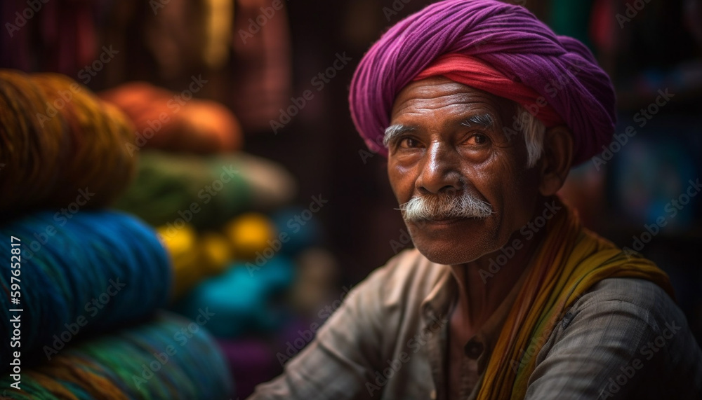 Smiling senior Indian man in colorful turban generated by AI