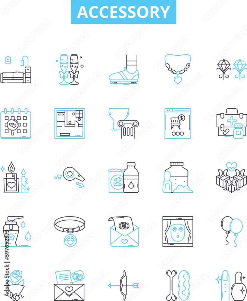 Accessory vector line icons set. Finery, trinkets, knick-knacks, apparel, ornaments, trimmings, paraphernalia illustration outline concept symbols and signs Accessory vector line icons set. Finery, trinkets, knick-knacks, apparel, ornaments, trimmings, paraphernalia illustration outline concept symbols and signs
