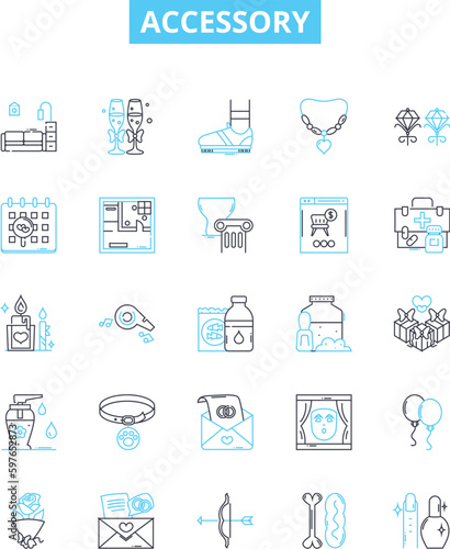 Accessory vector line icons set. Finery, trinkets, knick-knacks, apparel, ornaments, trimmings, paraphernalia illustration outline concept symbols and signs