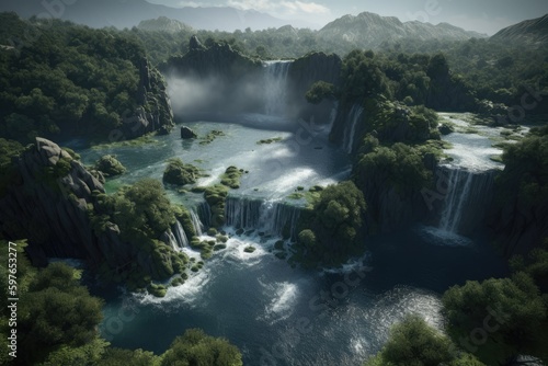 Waterfall in the mountains island. Generative AI.