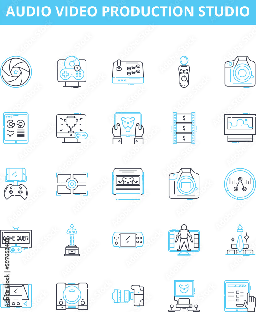 Audio video production studio vector line icons set. Recording, Mixing, Mastering, Editing, Dubbing, Broadcasting, Commercials illustration outline concept symbols and signs Audio video production studio vector line icons set. Recording, Mixing, Mastering, Editing, Dubbing, Broadcasting, Commercials illustration outline concept symbols and signs