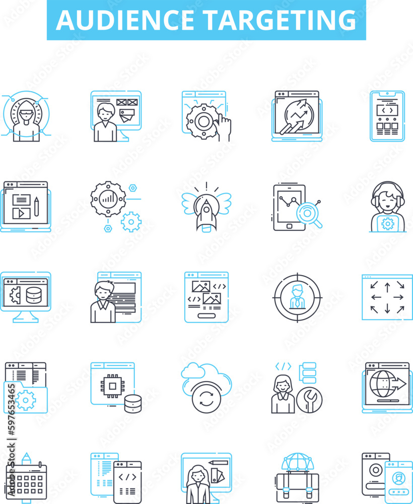 Audience targeting vector line icons set. Audience, targeting, segmentation, profiling, demographics, location, psychographics illustration outline concept symbols and signs Audience targeting vector line icons set. Audience, targeting, segmentation, profiling, demographics, location, psychographics illustration outline concept symbols and signs