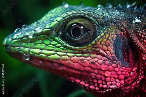 Close up of a green iguana. Generative AI.
