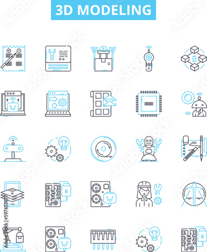 3d modeling vector line icons set. 3D, Modelling, Modeling, Designs, Rendering, Animation, Shapes illustration outline concept symbols and signs