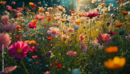 Wildflower meadow in vibrant multi colored blossom generated by AI