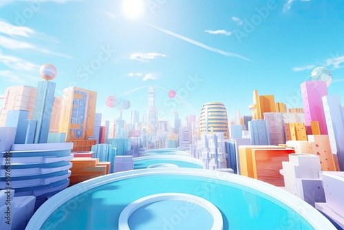 A bright city skyline buildings with strong sunlight and blue sky. Generative AI. 