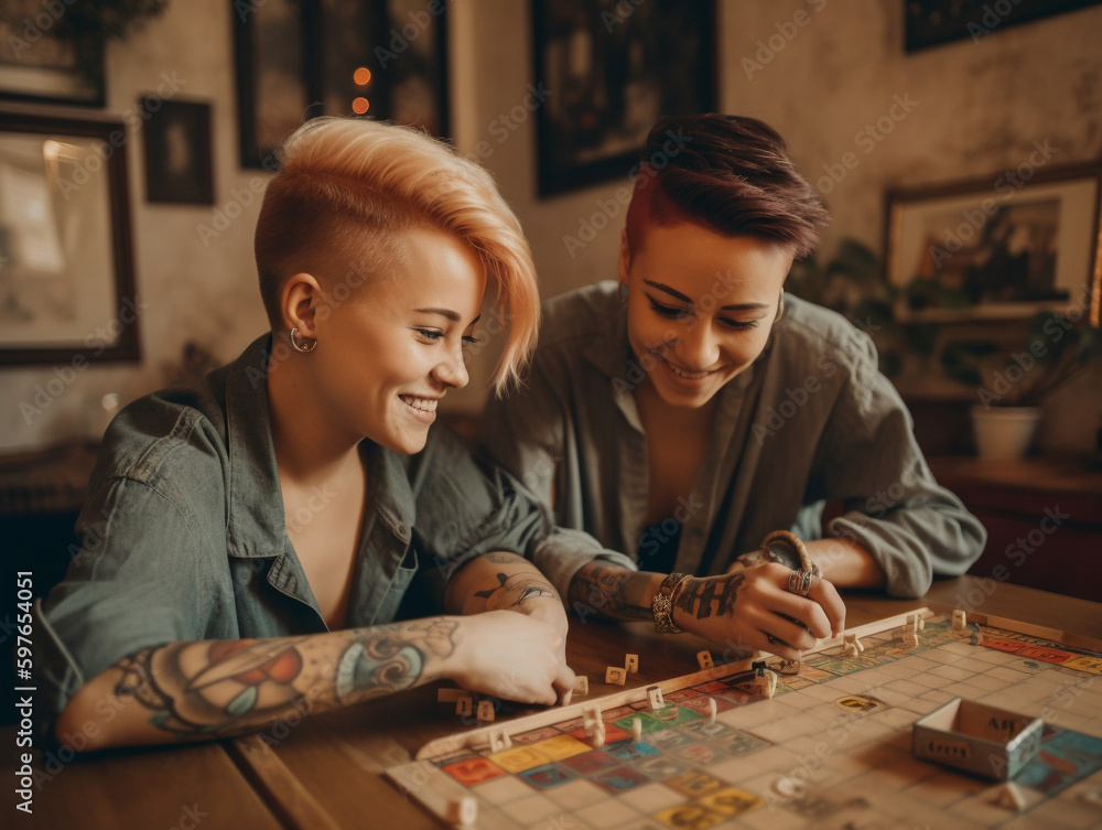 Fototapeta premium A Lesbian Couple Smiling and Playing a Board Game | Generative AI