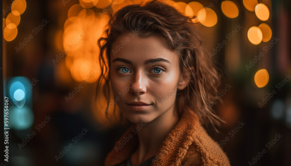 Beautiful young woman smiling looking at camera generated by AI Beautiful young woman smiling looking at camera generated by AI