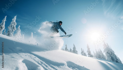 Men snowboard in extreme winter sport adventure generated by AI © Jeronimo Ramos