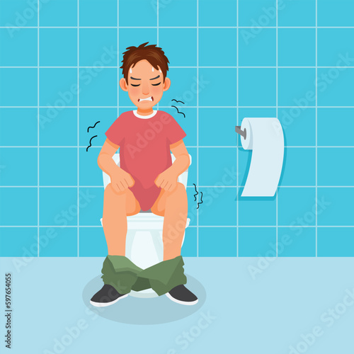 Young man sitting on toilet bowl in pain suffer from stomach ache having diarrhea constipation digestive problem