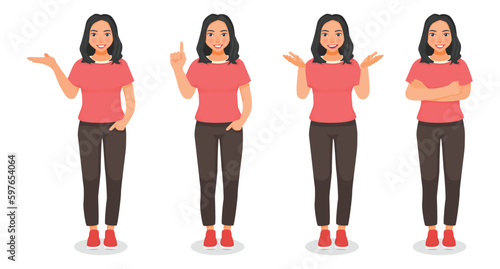 Set of young woman showing different posing gestures and hand signs expressions
