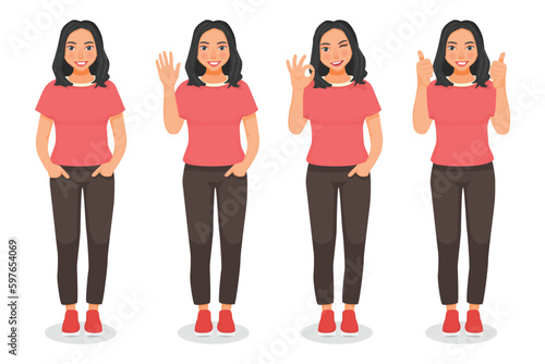 Set of young woman showing different posing gestures and hand signs expressions

