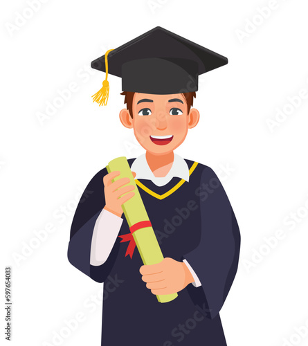 Happy young graduate man in graduation gown and hat holding diploma and certificate