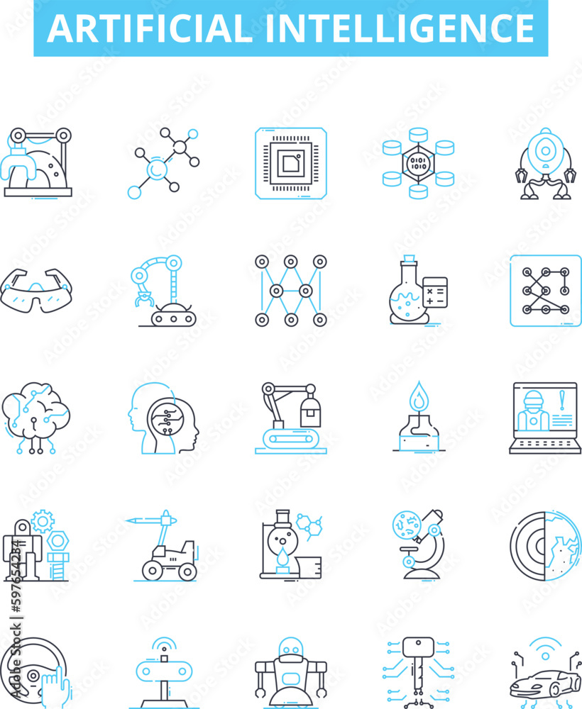 Artificial intelligence vector line icons set. AI, MachineLearning, Robotics, Automation, DeepLearning, NeuralNetworks, NaturalLanguageProcessing illustration outline concept symbols and signs Artificial intelligence vector line icons set. AI, MachineLearning, Robotics, Automation, DeepLearning, NeuralNetworks, NaturalLanguageProcessing illustration outline concept symbols and signs