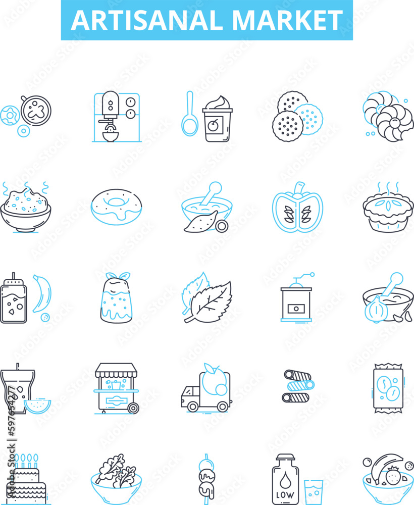 Artisanal market vector line icons set. artisanal, market, artisan, produce, handmade, local, farmers illustration outline concept symbols and signs Artisanal market vector line icons set. artisanal, market, artisan, produce, handmade, local, farmers illustration outline concept symbols and signs