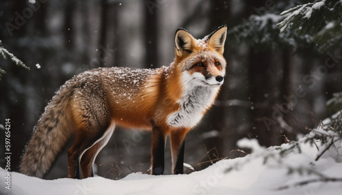 Cute red fox looking at camera in snow generated by AI © Jeronimo Ramos