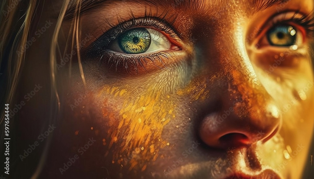 Young woman eye reflects colorful summer nature generated by AI Young woman eye reflects colorful summer nature generated by AI