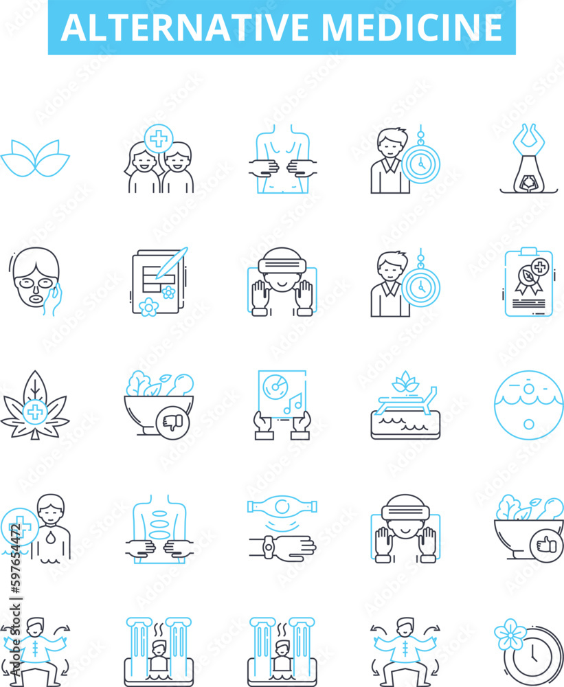 Alternative medicine vector line icons set. Holistic, Naturopathy, Homeopathy, Acupuncture, Ayurveda, Reiki, Aromatherapy illustration outline concept symbols and signs Alternative medicine vector line icons set. Holistic, Naturopathy, Homeopathy, Acupuncture, Ayurveda, Reiki, Aromatherapy illustration outline concept symbols and signs