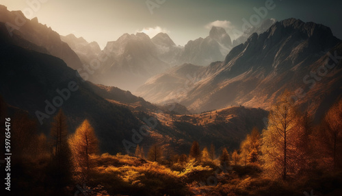Majestic mountain peak in autumn forest fog generated by AI