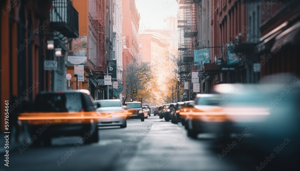 Fototapeta premium Rush hour traffic blurs through city streets generated by AI