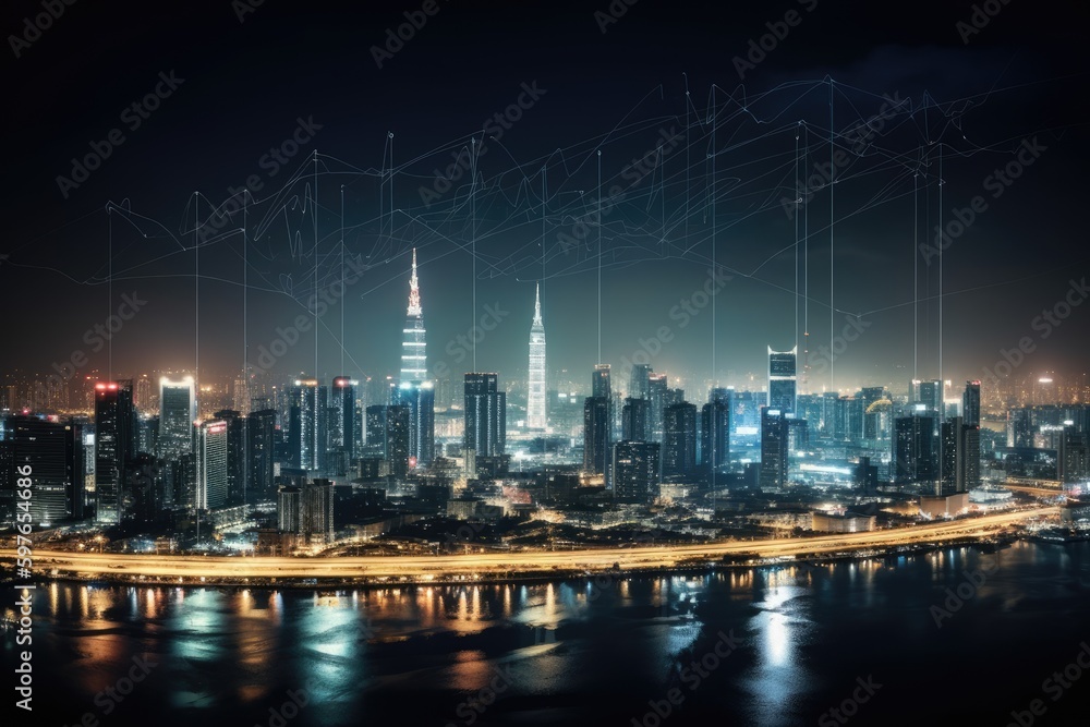 Obraz premium Technology city skyline at night connects the whole city. Generative AI.