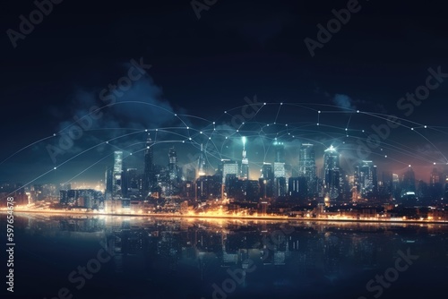 Technology city skyline at night connects the whole city. Generative AI.