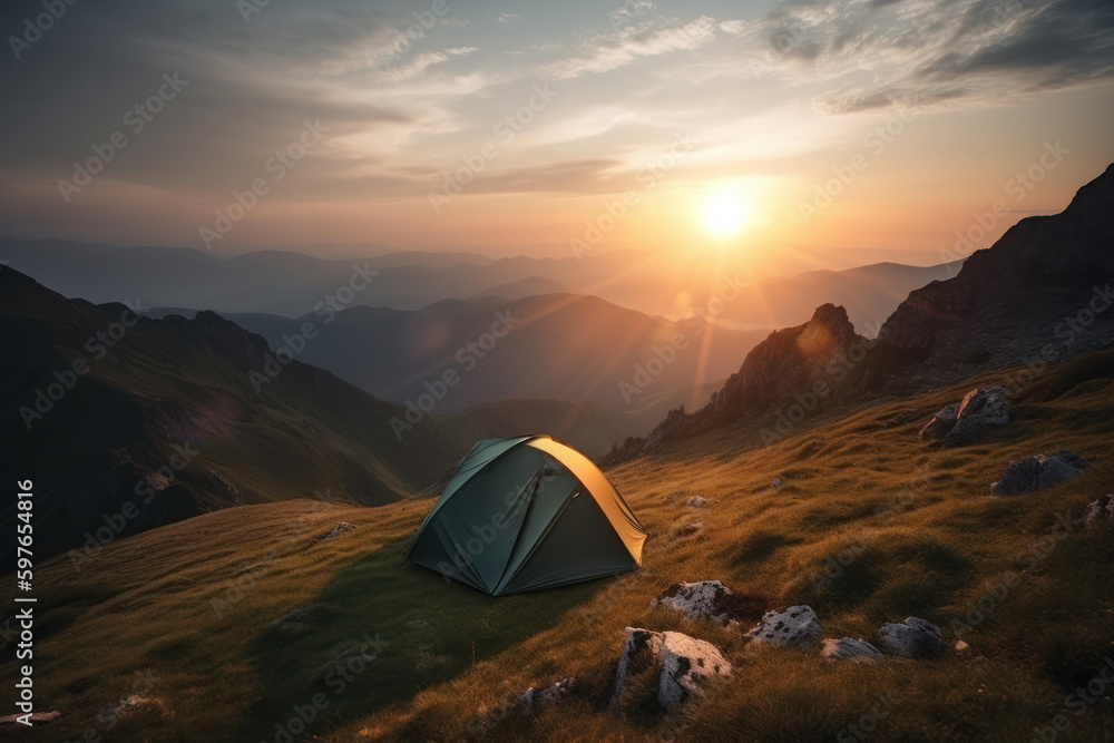 Find solitude and tranquility with a tent pitched against the mountains during a breathtaking sunset. Experience the peacefulness of nature and the beauty of the environment. AI Generative.