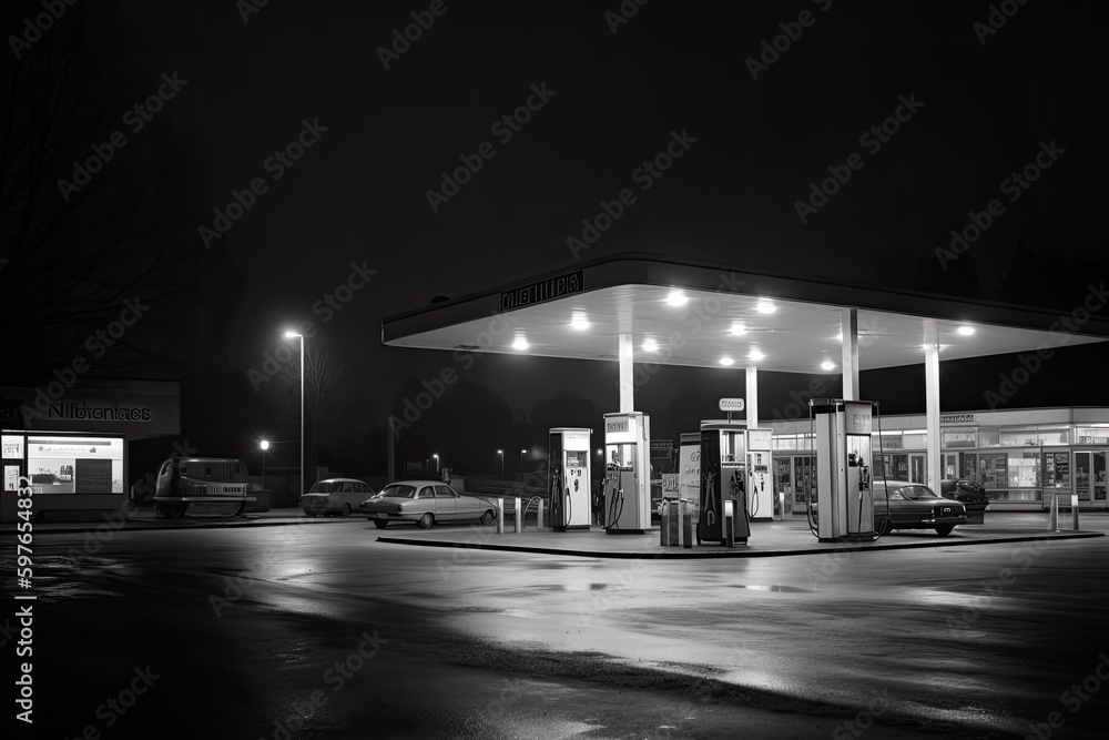 Fototapeta premium Gas station at night. Generative AI.