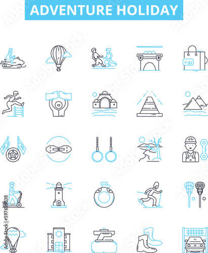 Adventure holiday vector line icons set. Voyage, Expedition, Trek, Tour, Holiday, Camp, Journey illustration outline concept symbols and signs