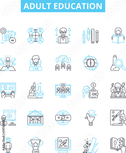 Adult education vector line icons set. Adult, Education, Learning, Instruction, Training, Literacy, Courses illustration outline concept symbols and signs