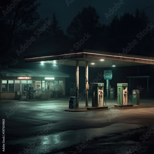 Gas station at night. Generative AI.